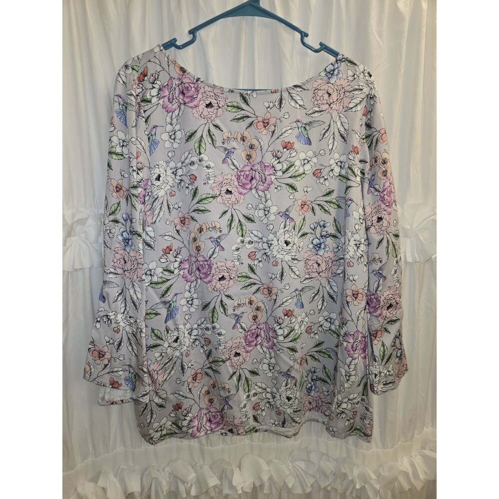J. Jill Gray Lavender Floral  Button Back 3/4 Bell Sleeve Blouse Top Size L